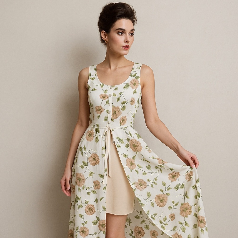 Vintage‎ 90s Eminance USA Floral Maxi Dress Sleeveless Button Front Tie Waist